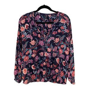Lucky Brand Boho Floral Printed Long Sleeve V Neck Tassel Shirt - Size Large